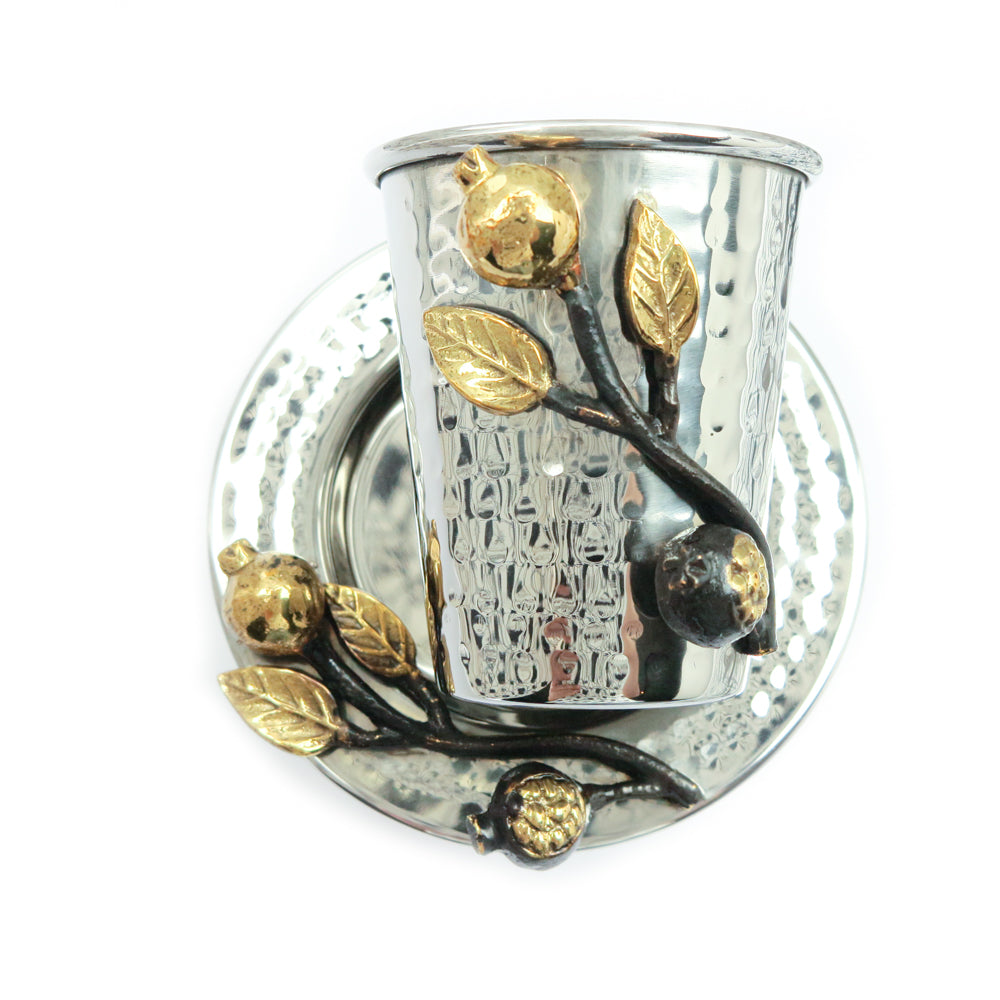 Stainless Steel Kiddush Cup with Sculpted Accent - Pomegranates