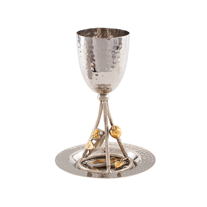 Hammered Kiddush Goblet Cup with Gold Vine and Pomegranate Design - Pomegranates