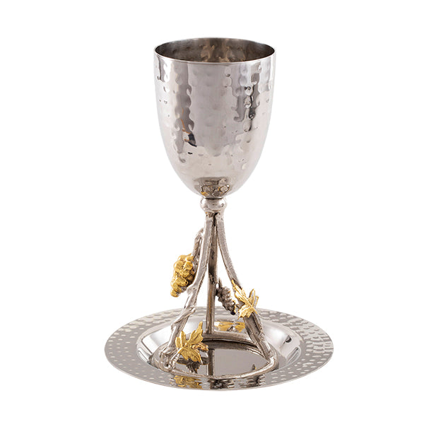 Hammered Kiddush Goblet Cup with Gold Vine and Pomegranate Design - Grape Vines