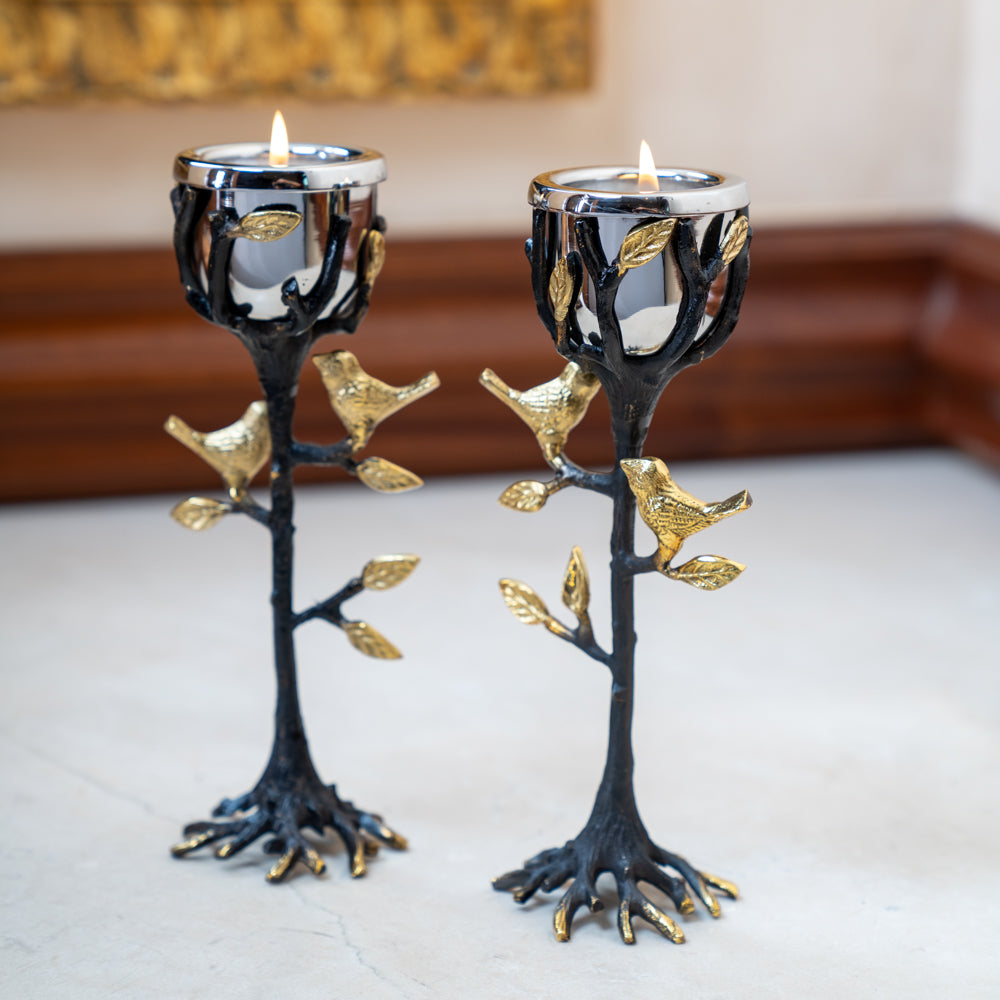 Tree of Life Shabbat Tea-Light Candle Holders – Gold Accent Birds