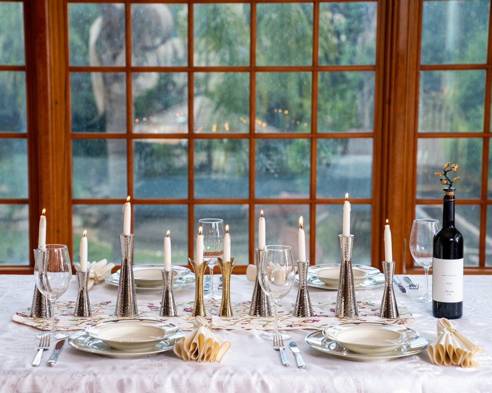 Hammered Pillar Shabbat Candle Holders – Flower Petals Gold