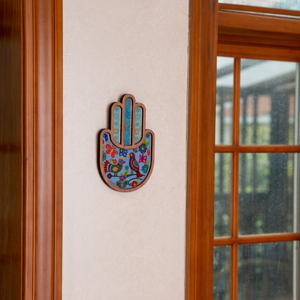 Hamsa Wall Hanging - Colorful Enamel 9" - Birds & Flowers