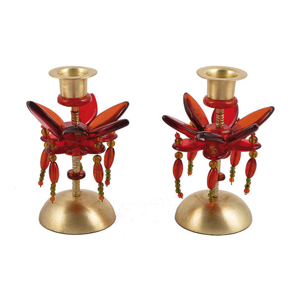 Floral Pillar Shabbat Candle Holders with beads – 5.5" Brass & Resin - Red