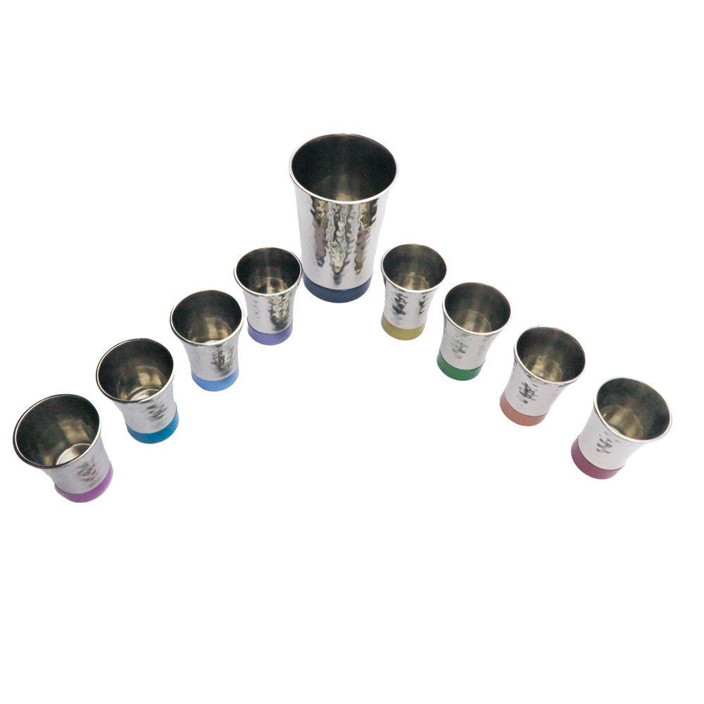 Hammered Kiddush Fountain Set – 8 Cups with Colorful Aluminum Rings