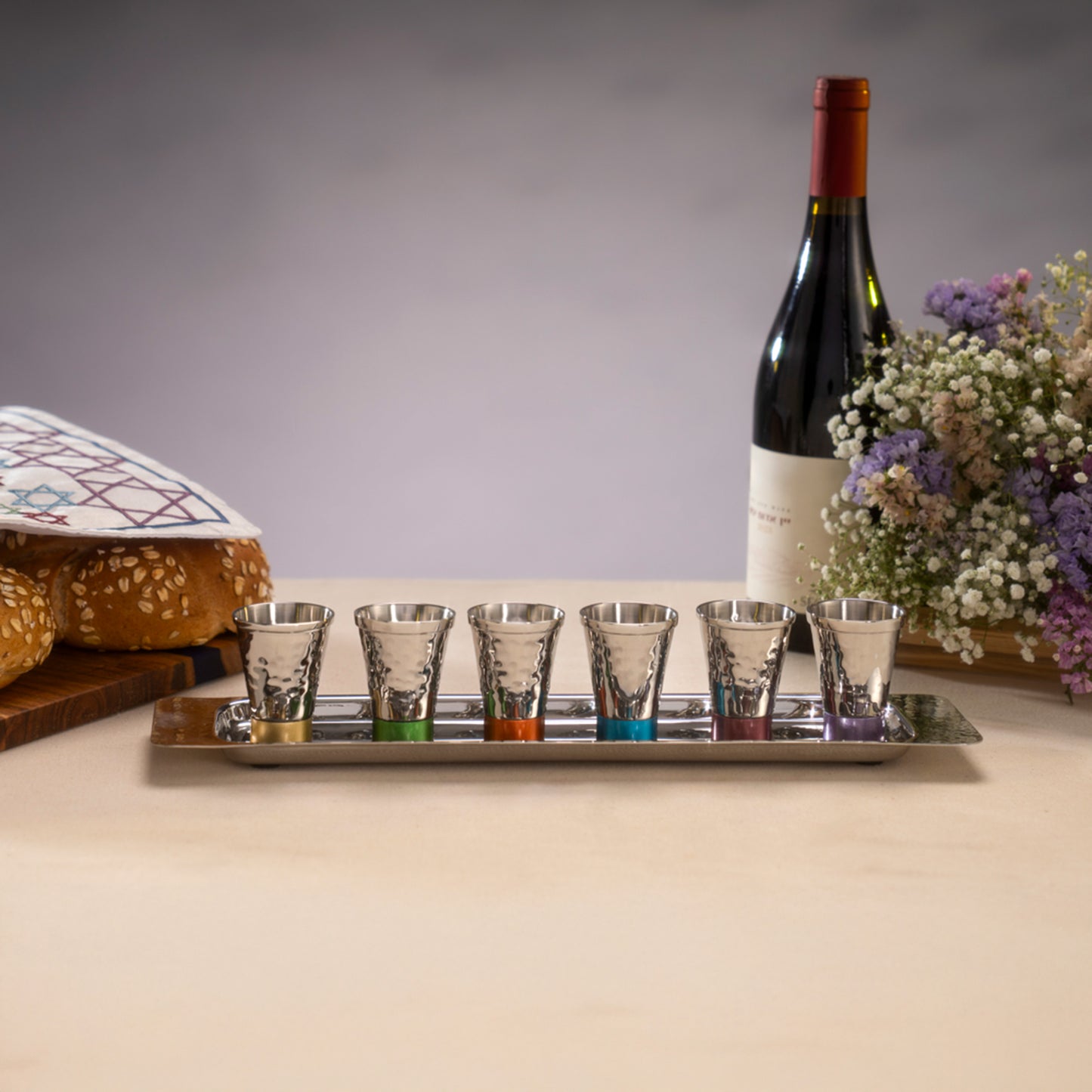 Hammered Nickel Kiddush Cup Set with Tray - Multicolored