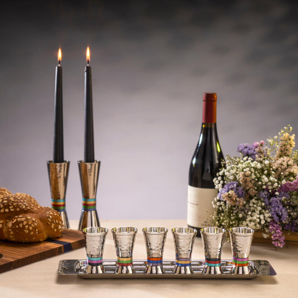 Kiddush Cup Set with Tray – Multicolored Rings