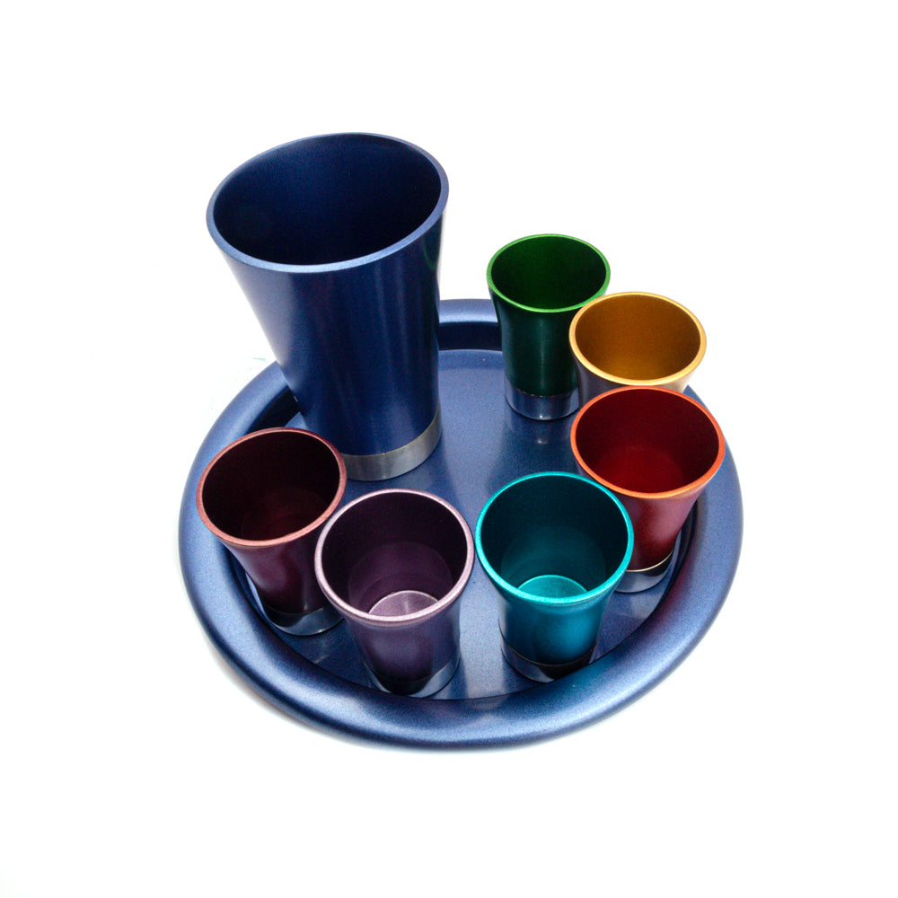 Anodized Aluminum Kiddush Cup Set – 6 Cups with Round Tray