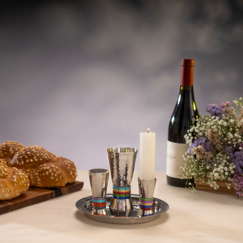 Hammered Nickel Havdalah Set – Multicolor Rings