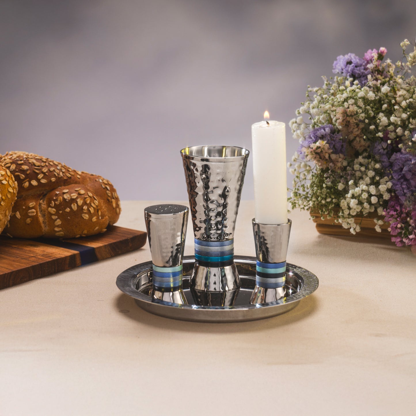 Hammered Nickel Havdalah Set – Multicolor Rings