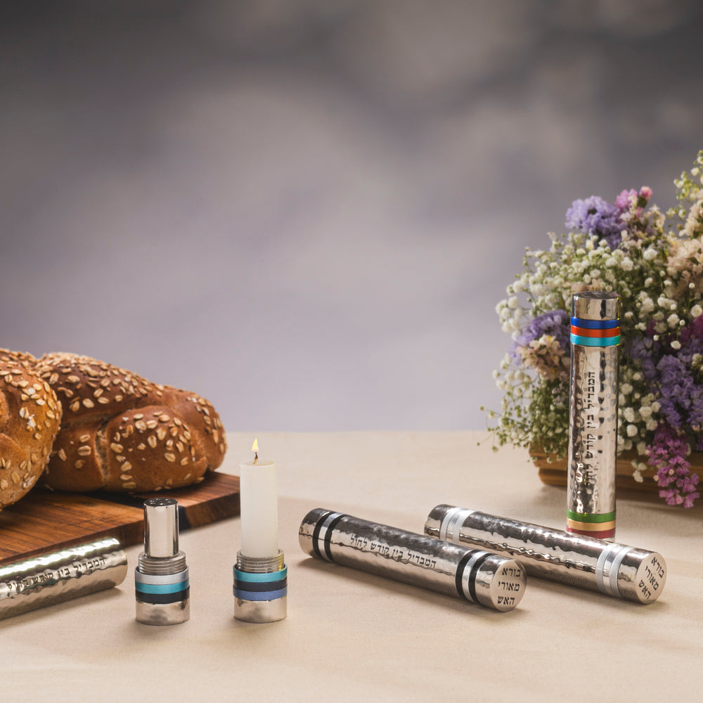 Travel Havdallah Set - Hammered Nickel with Blue Rings