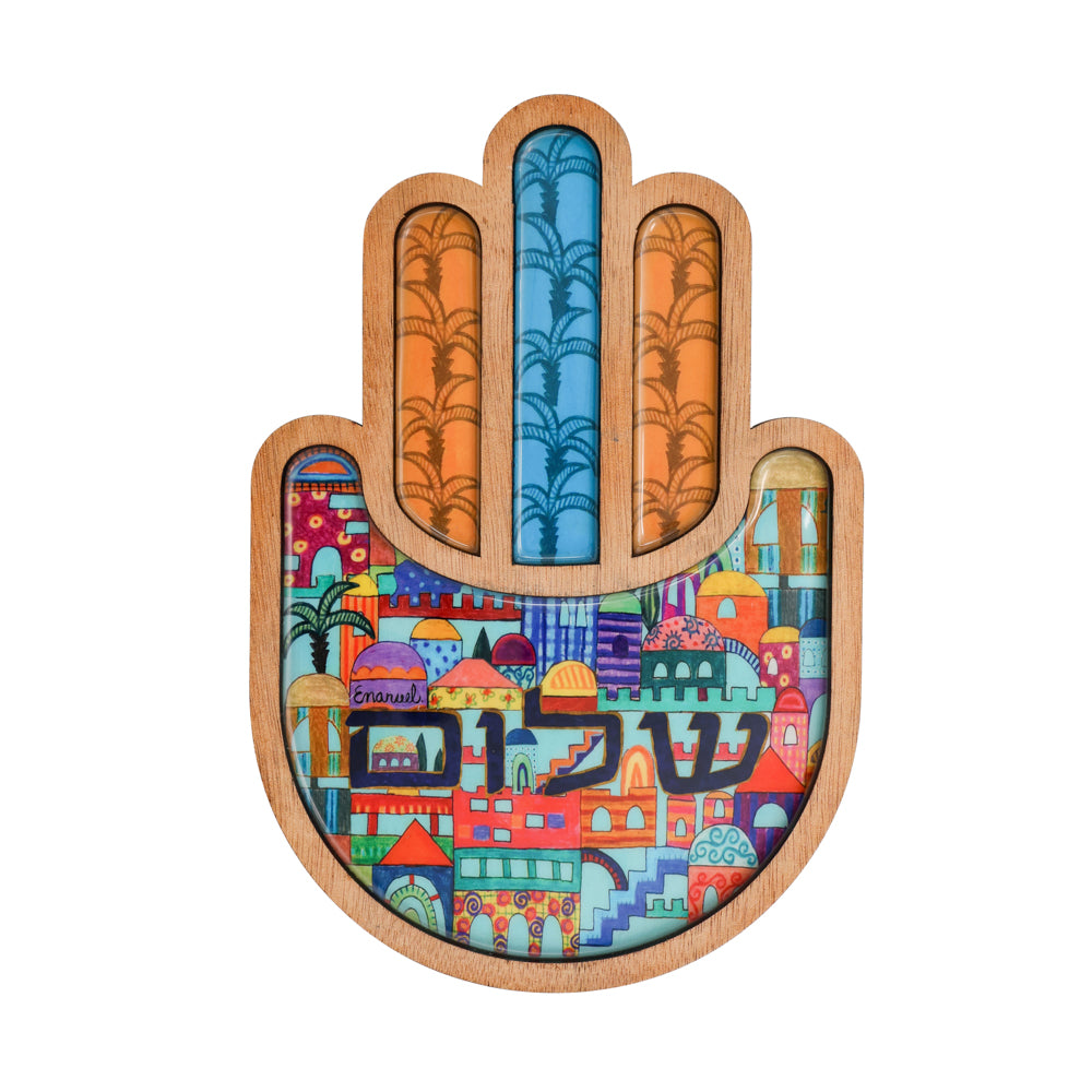 Modern Hamsa Wall Hanging - Colorful Enamel 9 Inch - Jerusalem