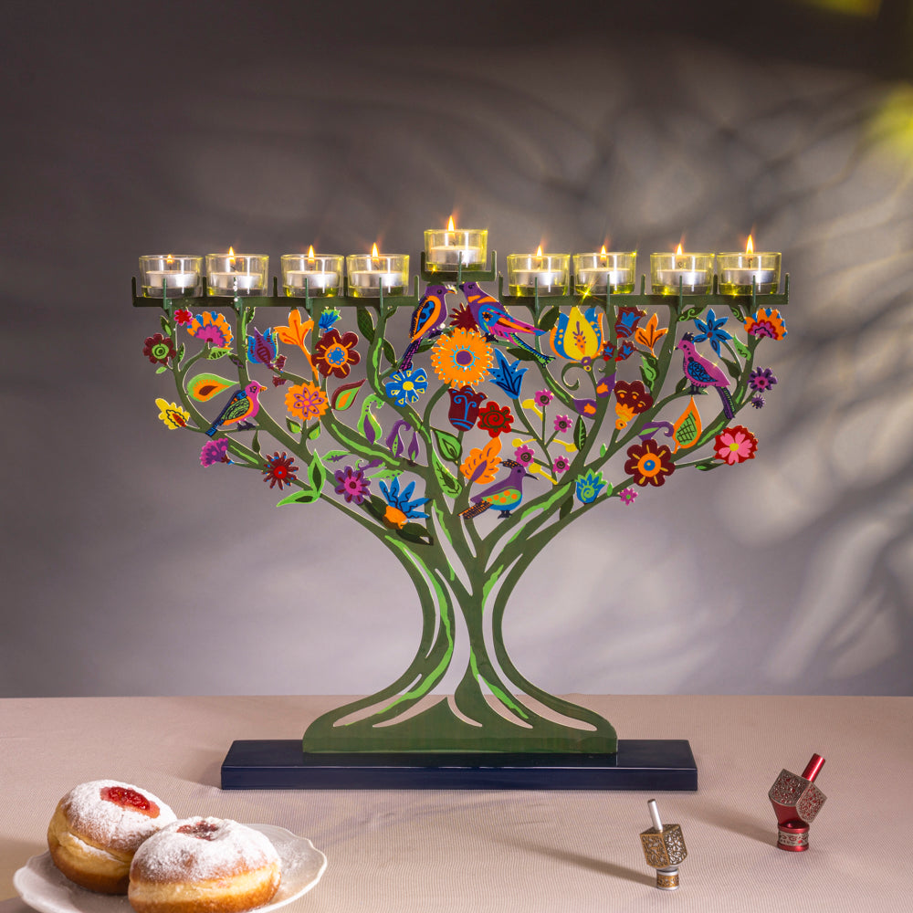 Large Hanukkah Menorah - Tree of Life with Hand-Painted Birds & Flowers