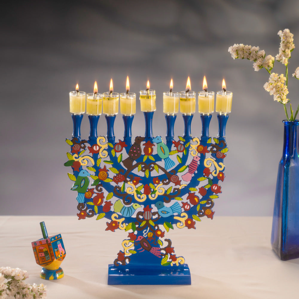 Blue Hanukkah Menorah Hand-Painted Birds & Pomegranates