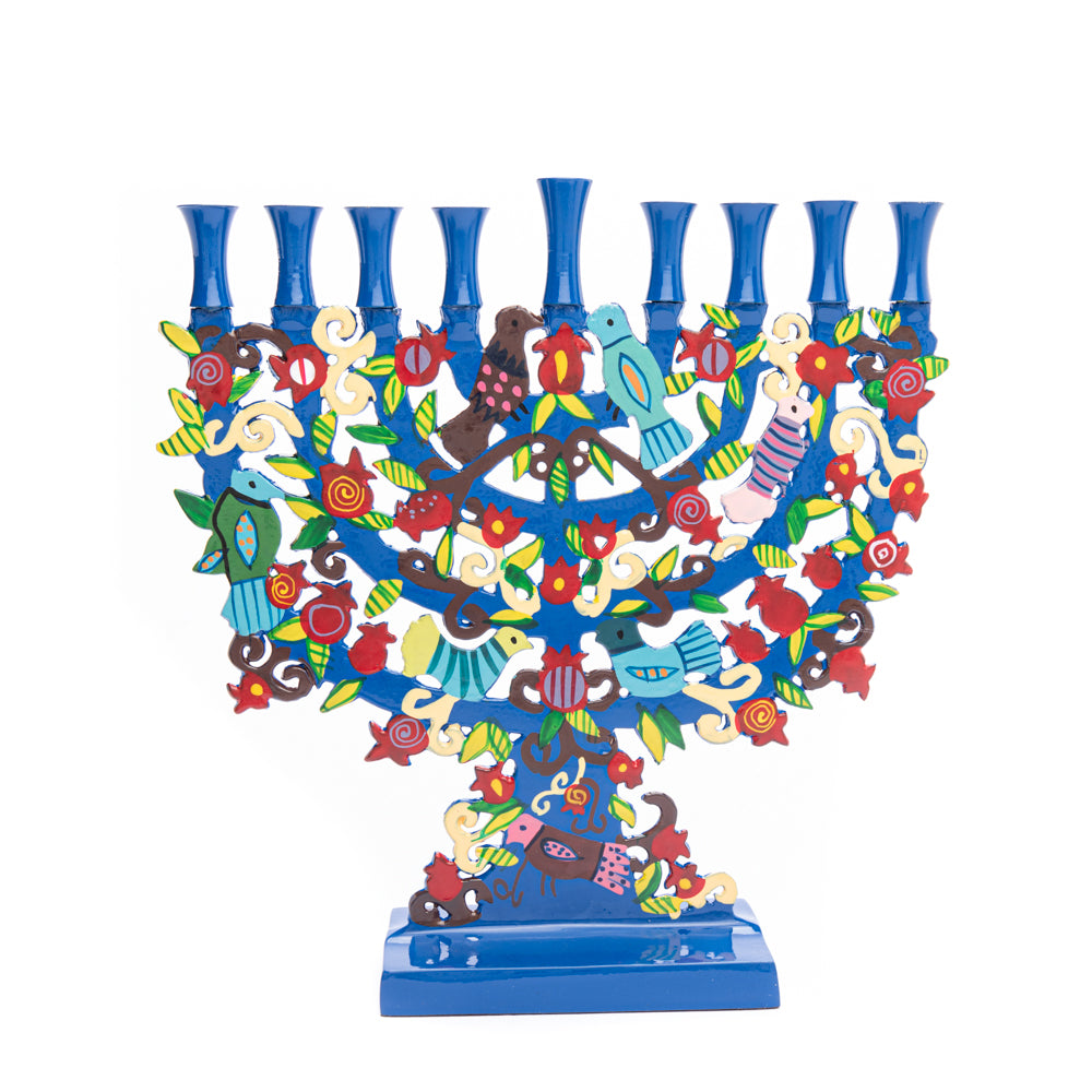 Blue Hanukkah Menorah Hand-Painted Birds & Pomegranates