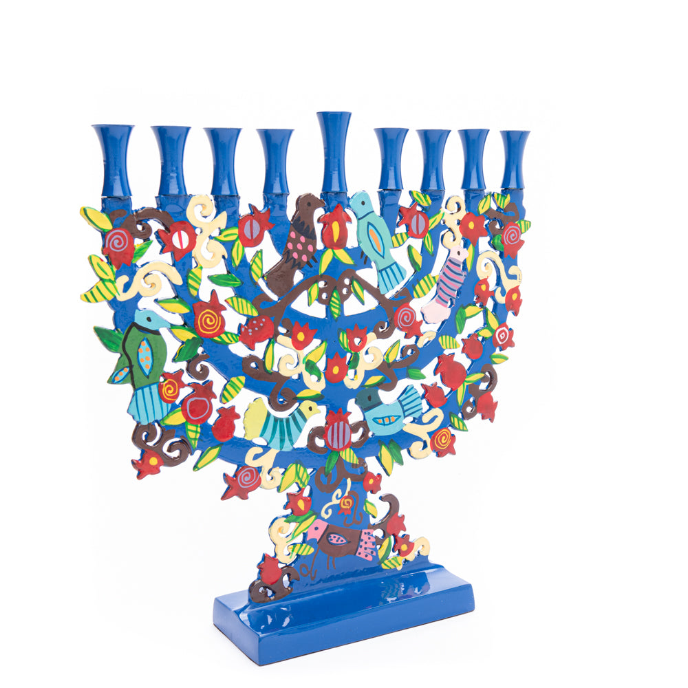 Blue Hanukkah Menorah Hand-Painted Birds & Pomegranates