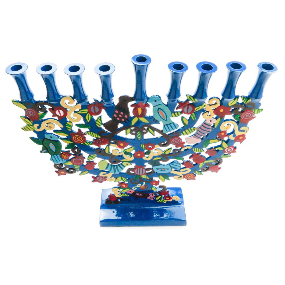 Blue Hanukkah Menorah Hand-Painted Birds & Pomegranates