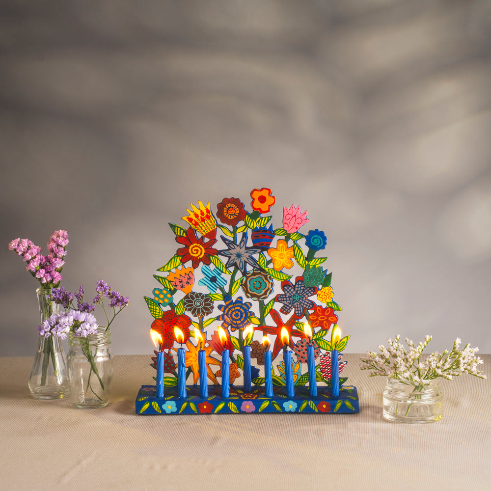 Laser-Cut Hanukkah Menorah Hand-Painted Floral Pattern