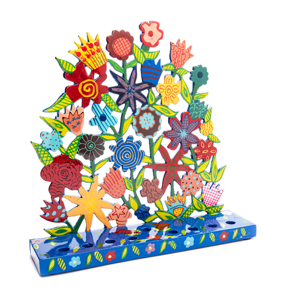 Laser-Cut Hanukkah Menorah Hand-Painted Floral Pattern