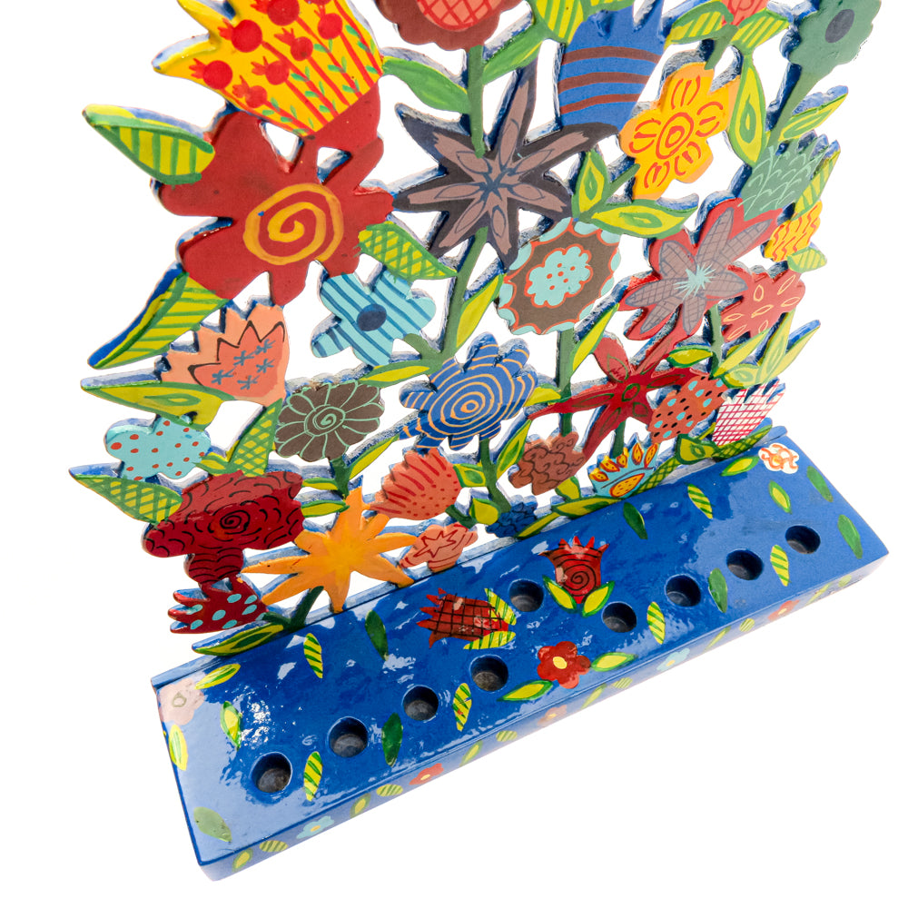 Laser-Cut Hanukkah Menorah Hand-Painted Floral Pattern