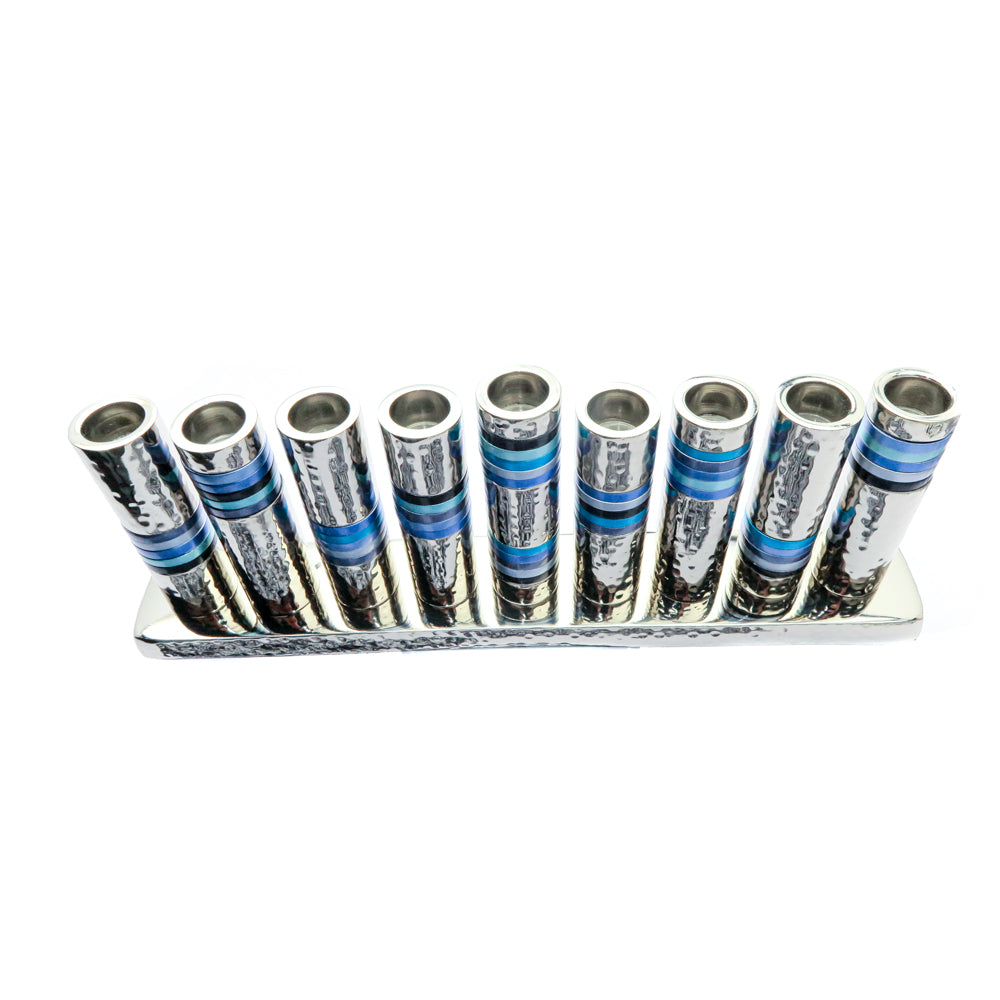 Hammered Pillar Hanukkah Menorah - Blue Colored Rings