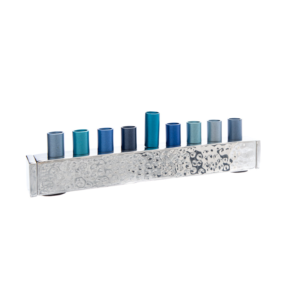 Hammered Strip Menorah with Blue-Colored Candle Holders