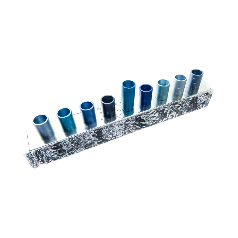 Hammered Strip Menorah with Multi-Colored Candle Holders