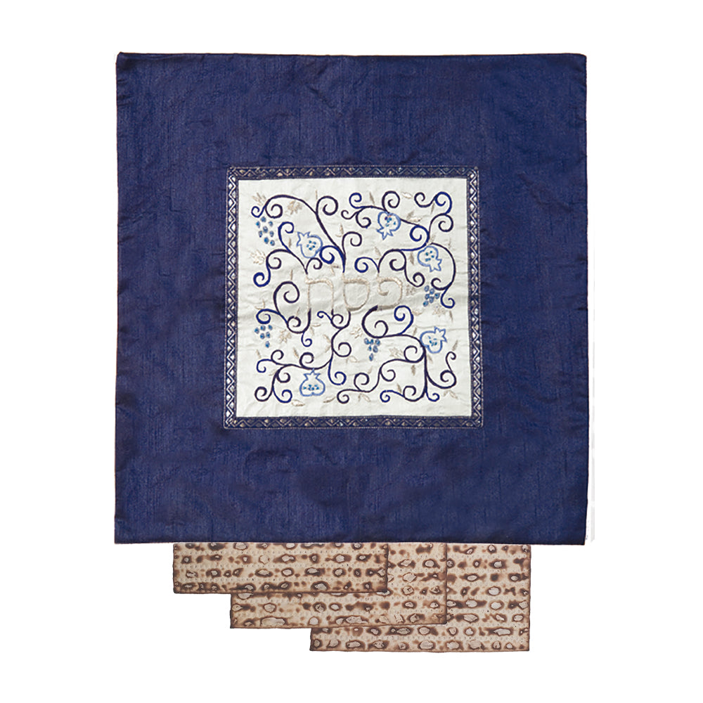 Embroidered Matzah Cover - Pomegranate and Grapes Vine - Blue