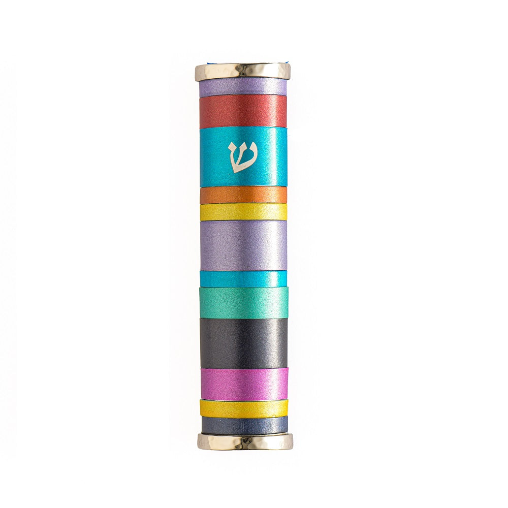 Anodized Aluminum Mezuzah Case with Colorful Rings – 4.7" - Multicolored