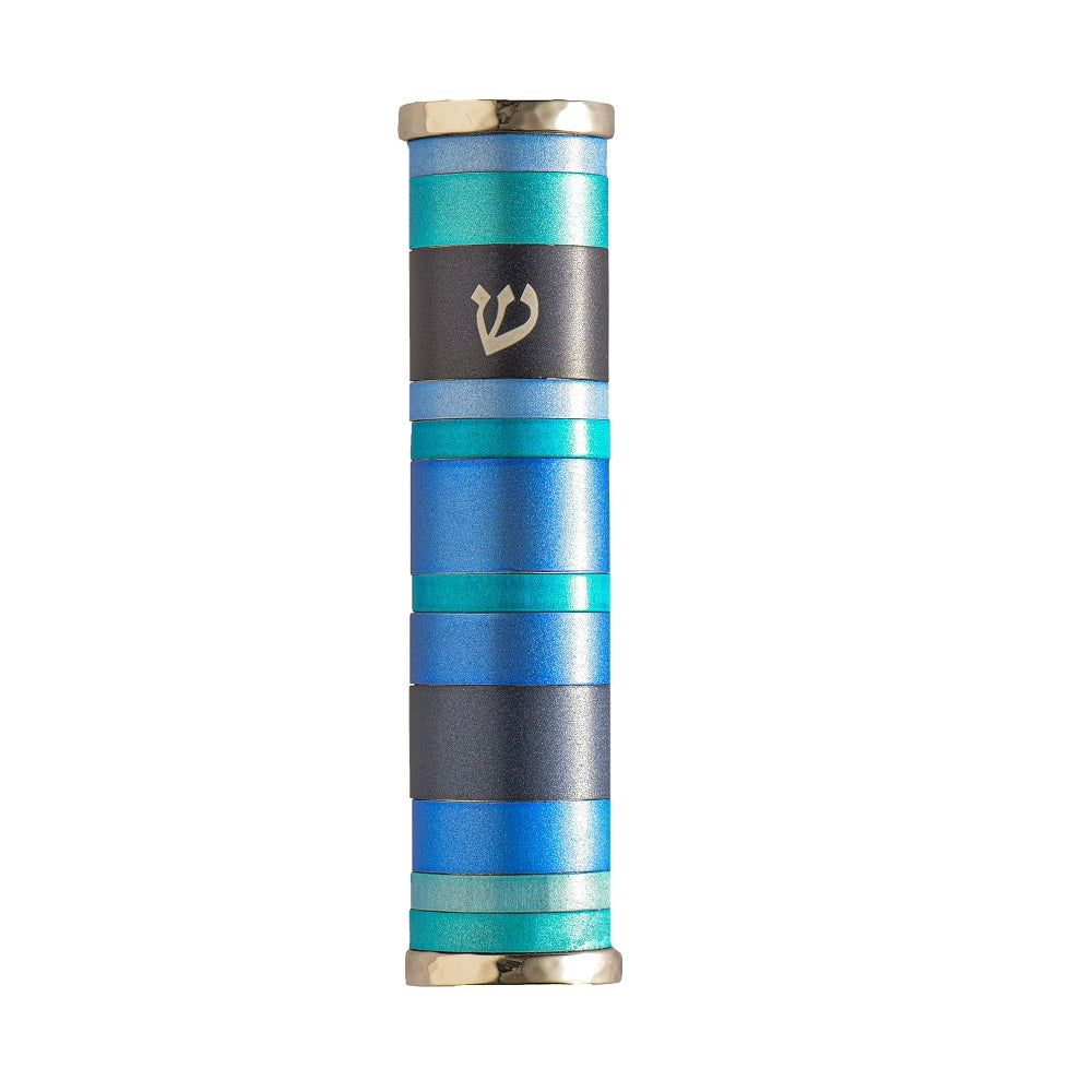 Anodized Aluminum Mezuzah Case with Colorful Rings – 4.7" - Shades of Blue
