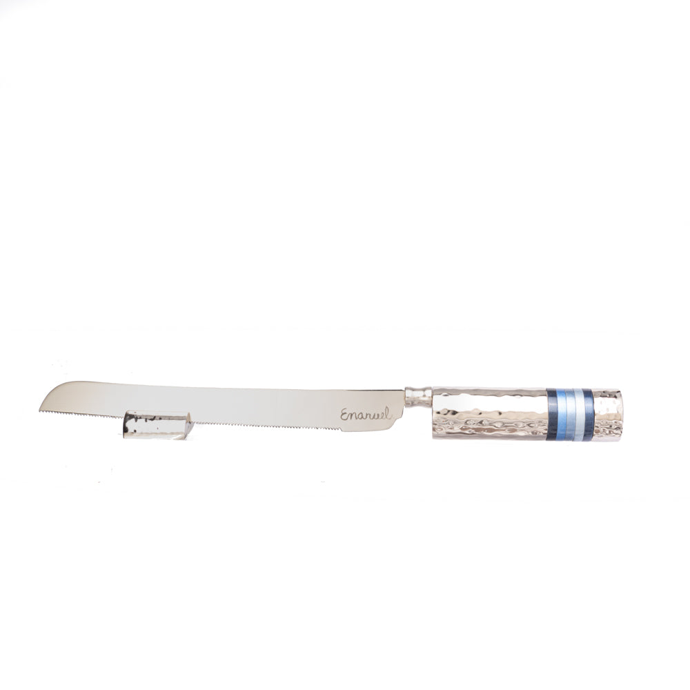 Challah Knife and Stand – Hammered Handle with Colored Rings - Shades of Blue