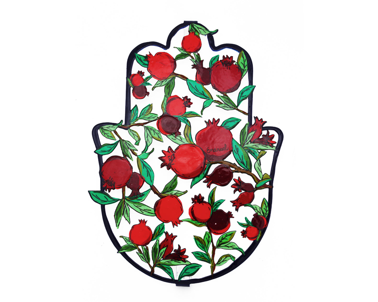 Metal Hamsa Wall Decor with Vibrant Illustrations - Large - Pomegranates