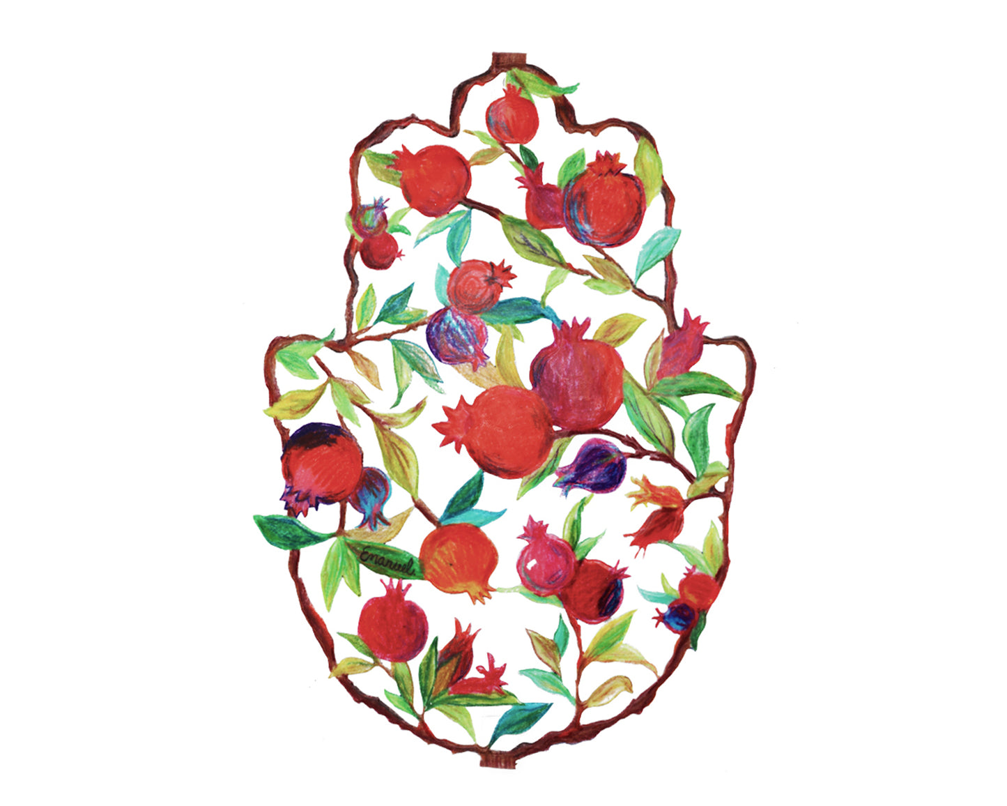 Metal Hamsa Wall Decor with Vibrant Illustrations - Large - Pomegranates - Drawing