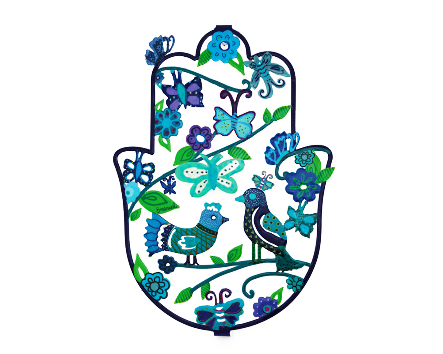 Metal Hamsa Wall Decor with Vibrant Illustrations - Large - Birds - Blue