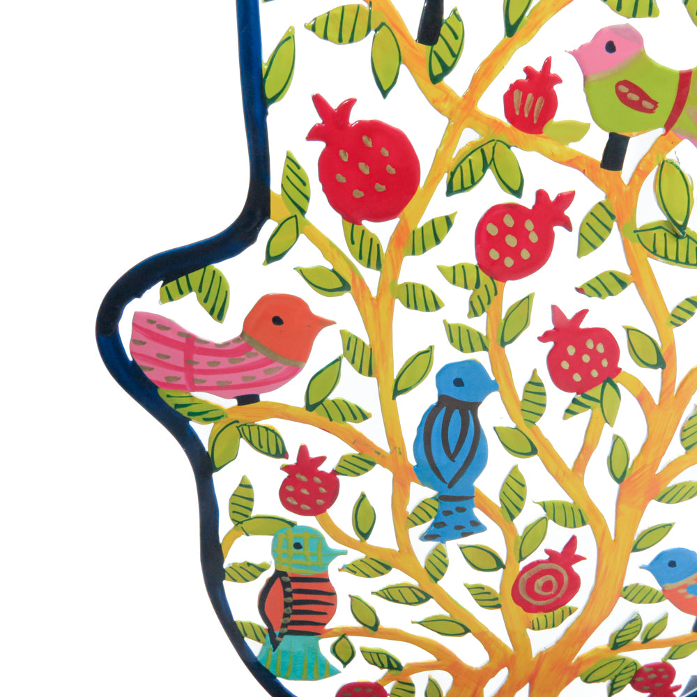 Large Hand-Painted Standing Hamsa - Tree of Life with Birds and Pomegranates