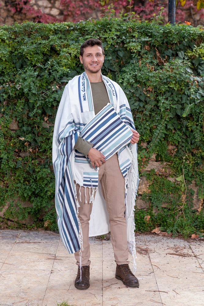 Large Embroidered Tallit Set with Blessing on Atara - 57 inch