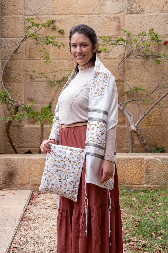 Embroidered Silk Flowers Tallit Set - White