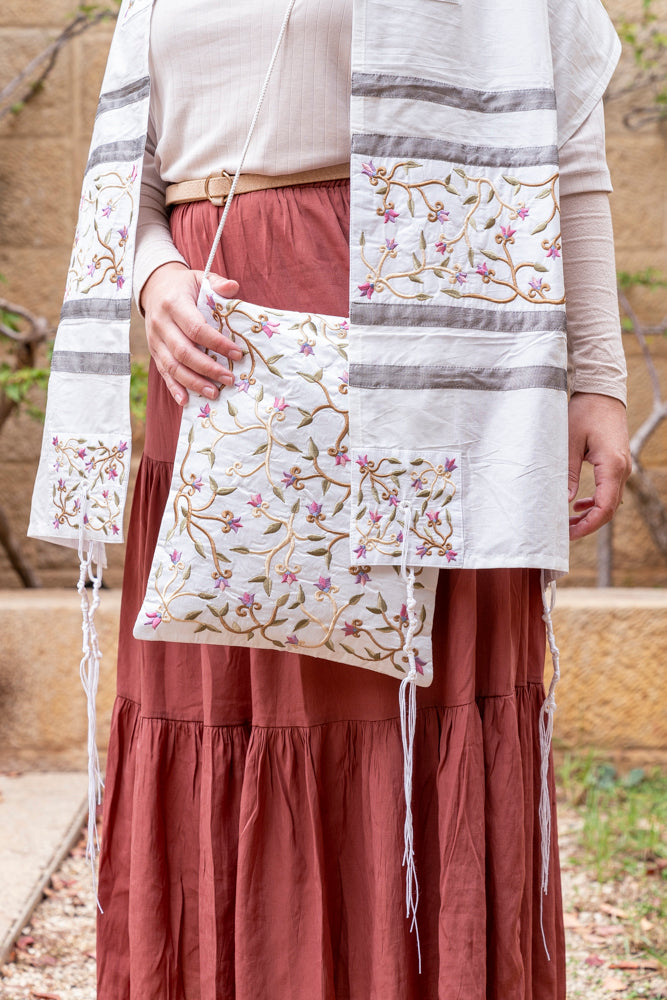 Embroidered Silk Flowers Tallit Set - White