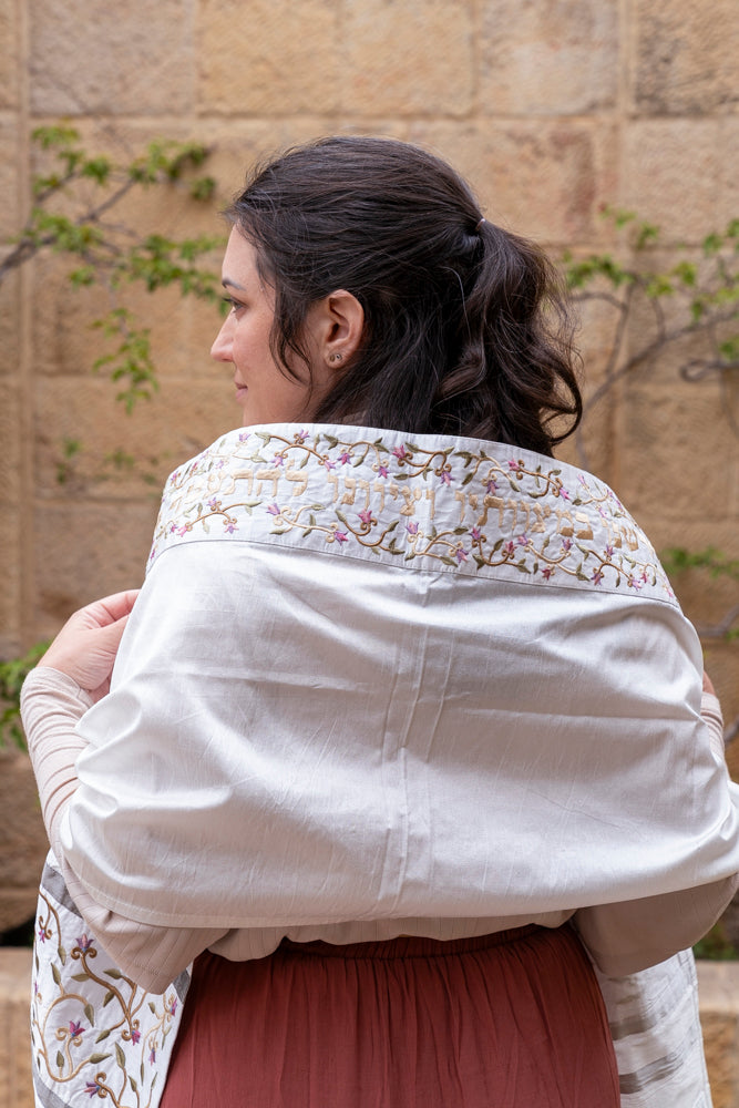 Embroidered Silk Flowers Tallit Set - White