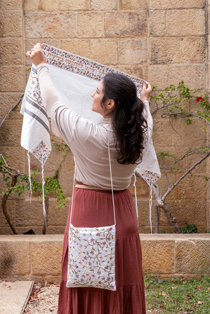 Embroidered Silk Flowers Tallit Set - White