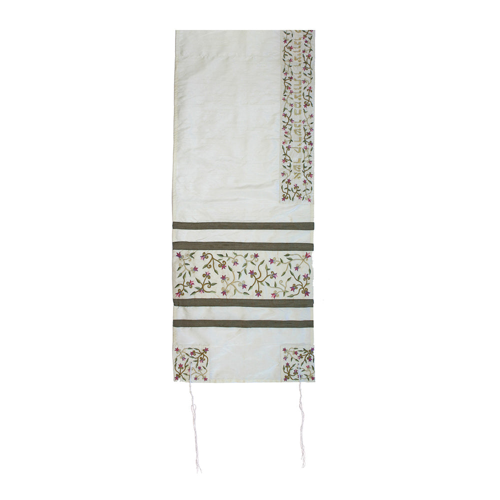 Embroidered Silk Flowers Tallit Set - White