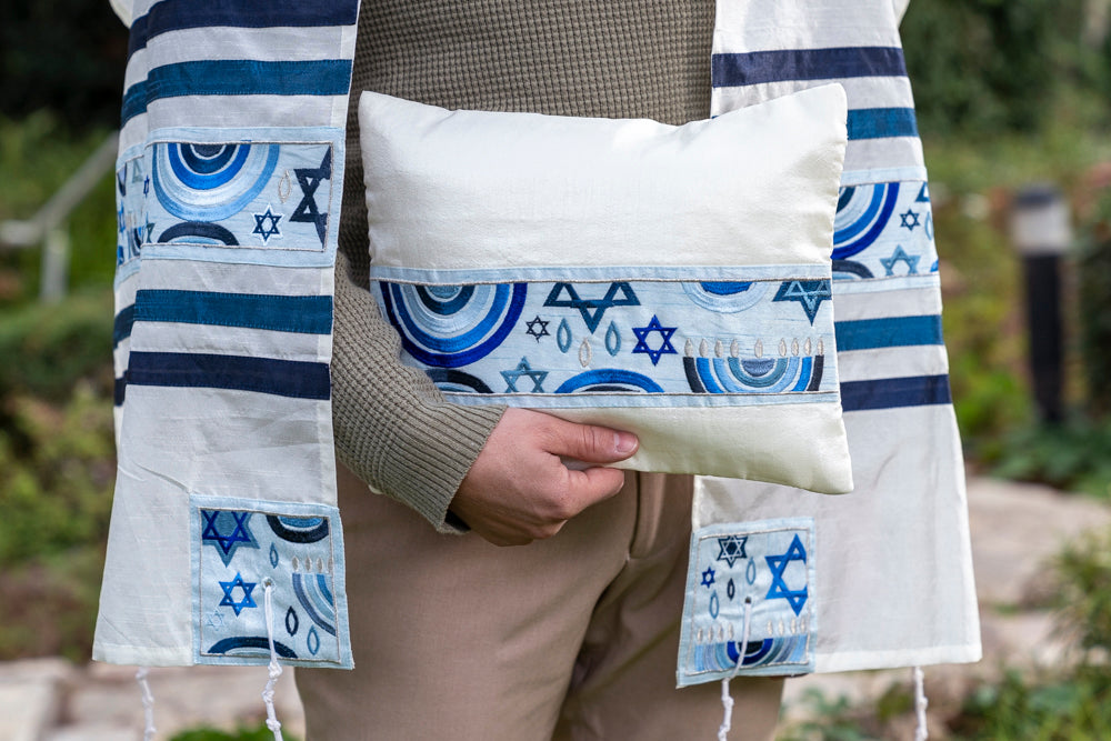Embroidered Rainbow & Star of David Tallit Set - Shades of Blue