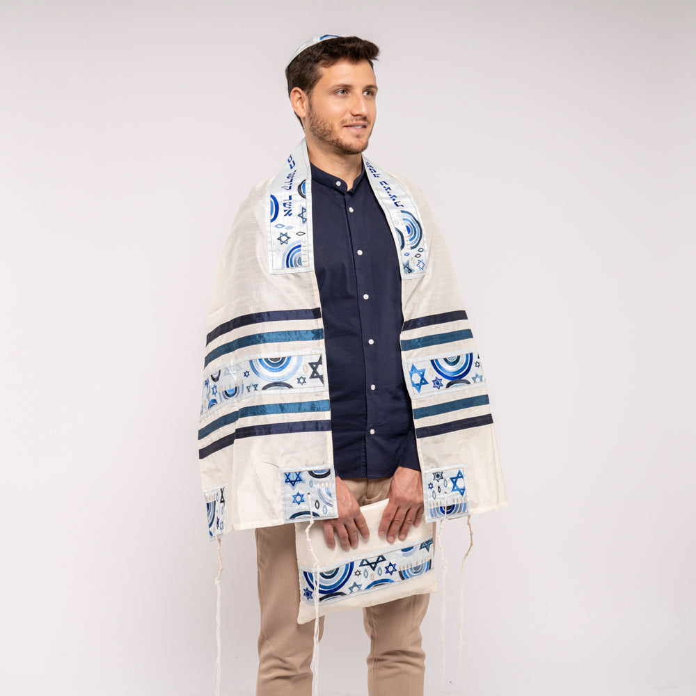Embroidered Rainbow & Star of David Tallit Set - Shades of Blue