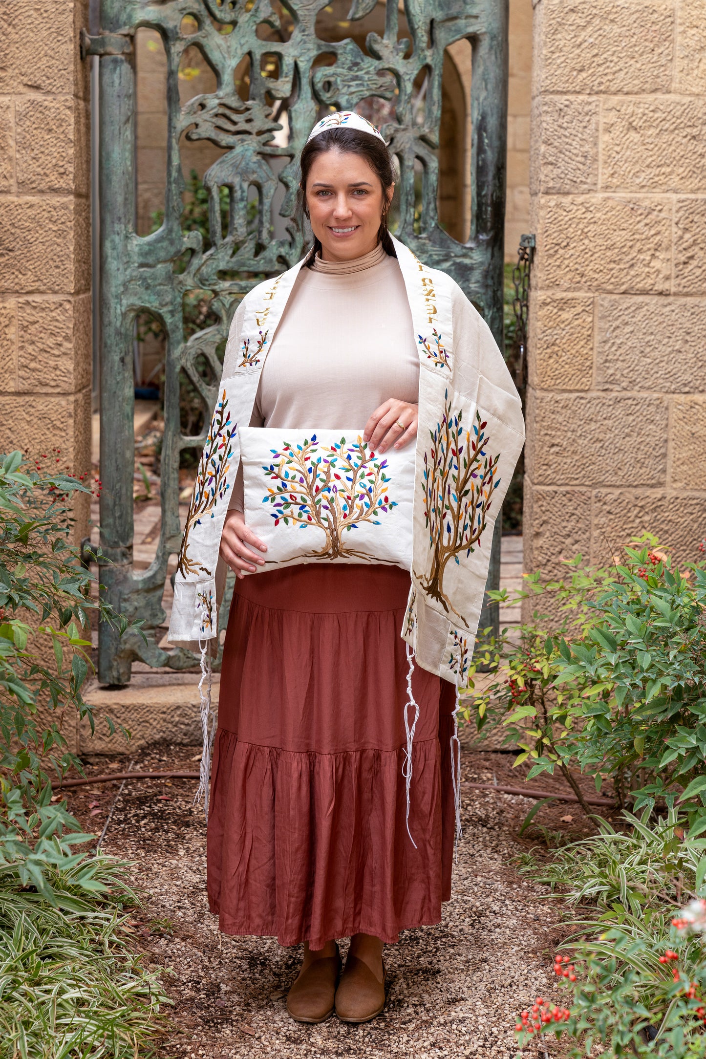 Embroidered Silk Tallit Set - Multicolor Tree of Life Design