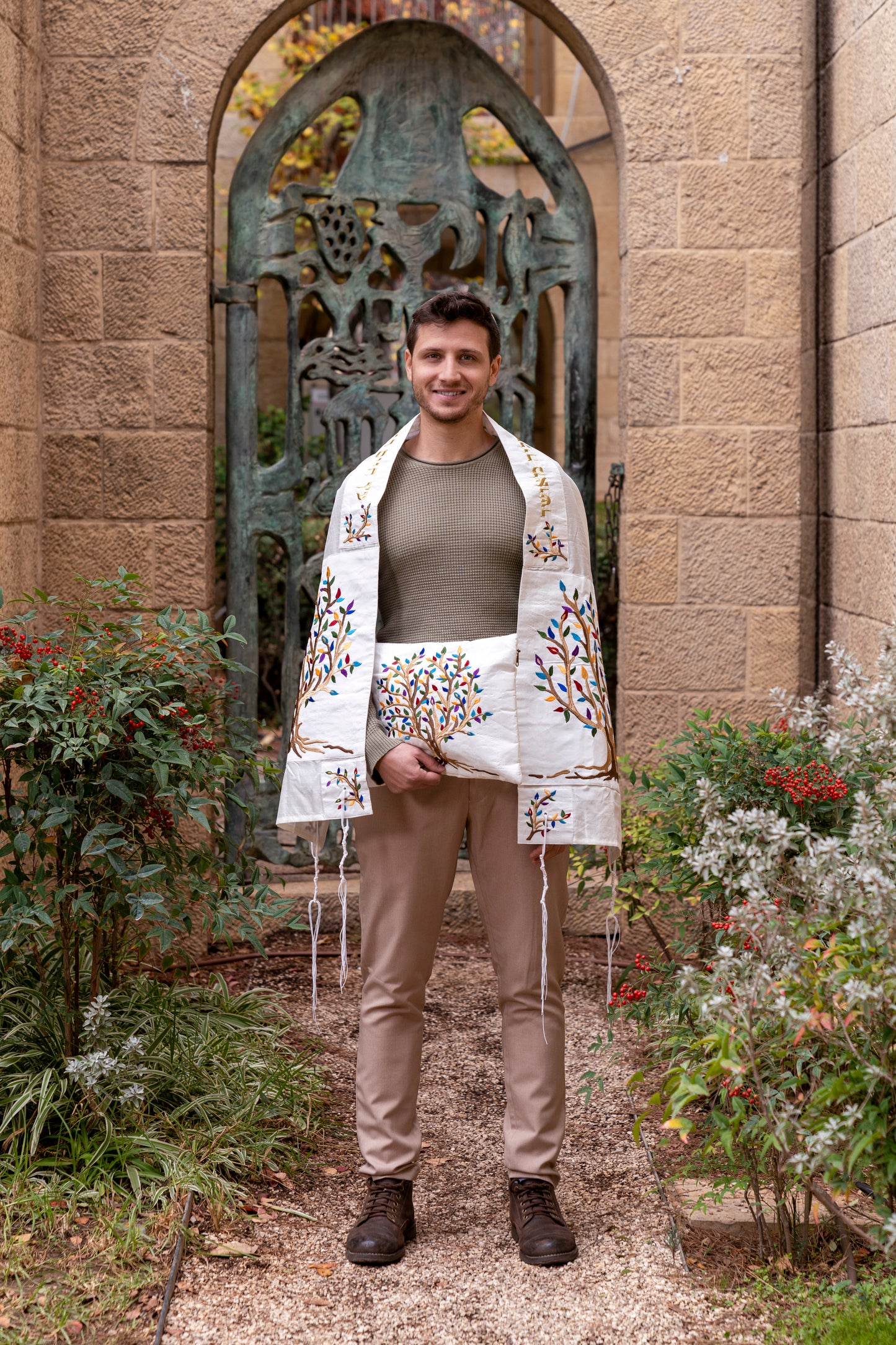 Embroidered Silk Tallit Set - Multicolor Tree of Life Design
