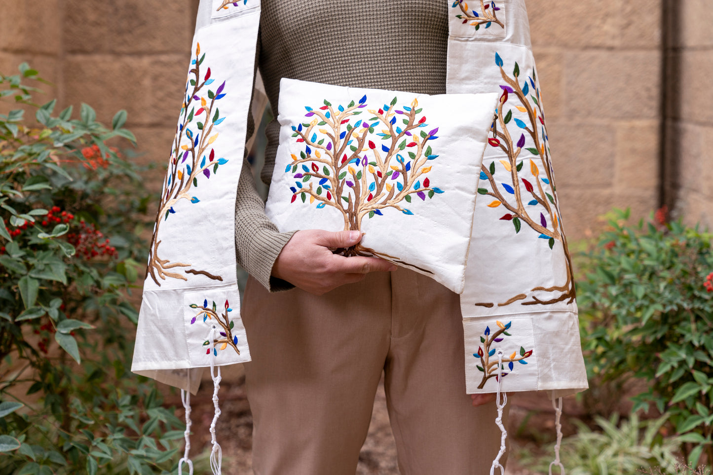 Embroidered Silk Tallit Set - Multicolor Tree of Life Design