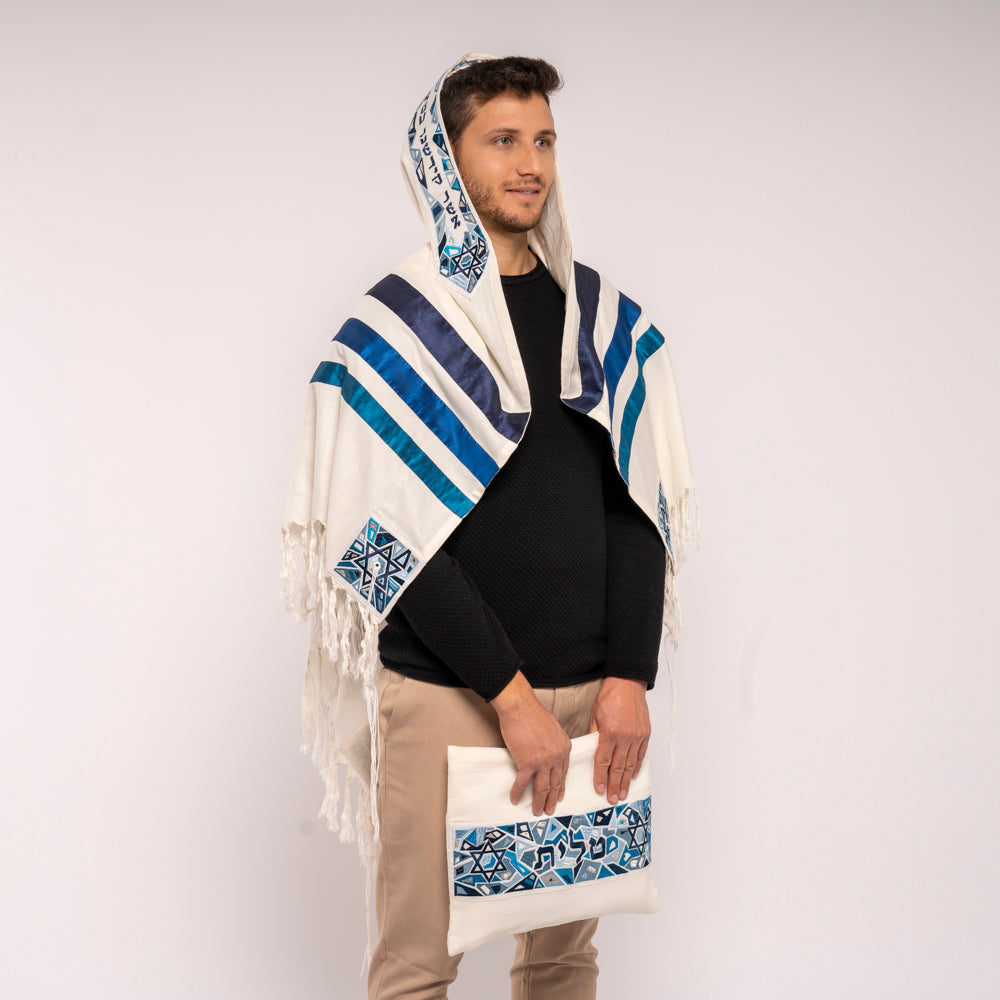 Large Embroidered Silk Tallit Set - Geometric Blue Magen David