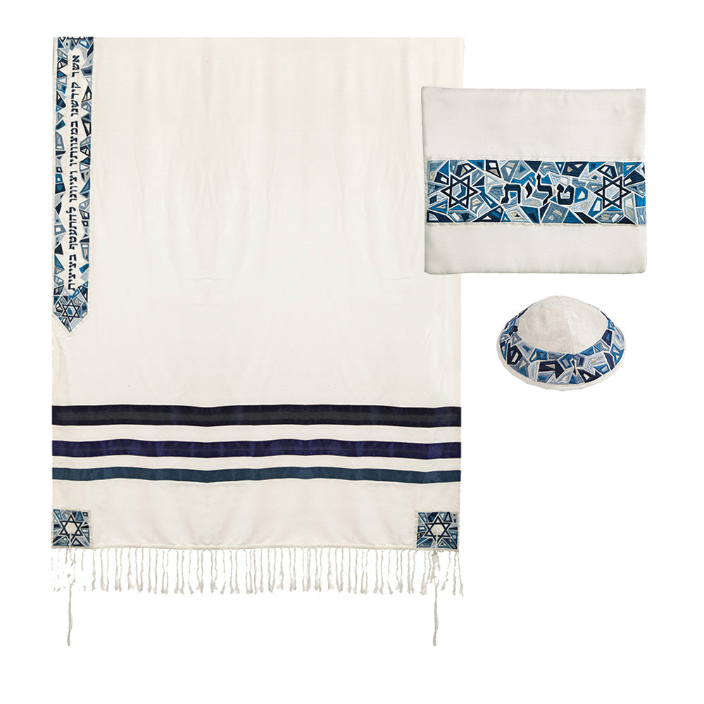 Large Embroidered Silk Tallit Set - Geometric Blue Magen David