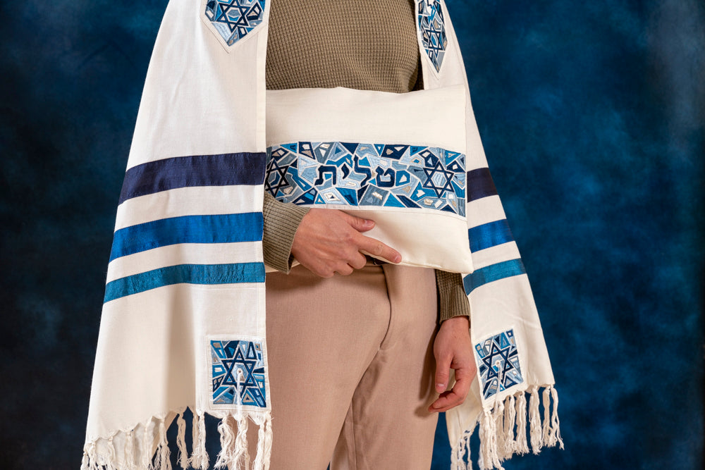 Embroidered Silk Tallit Set - Geometric Blue Magen David
