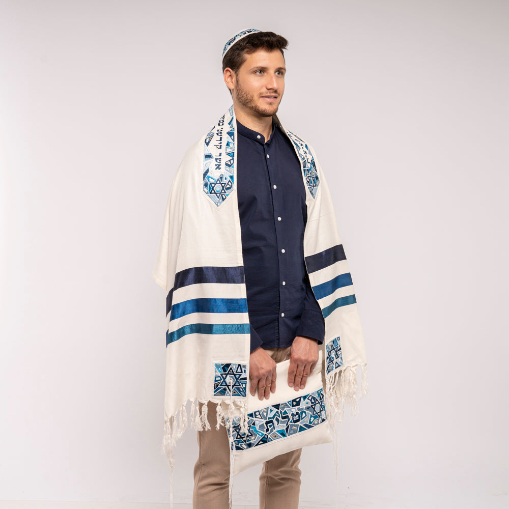 Embroidered Silk Tallit Set - Geometric Blue Magen David