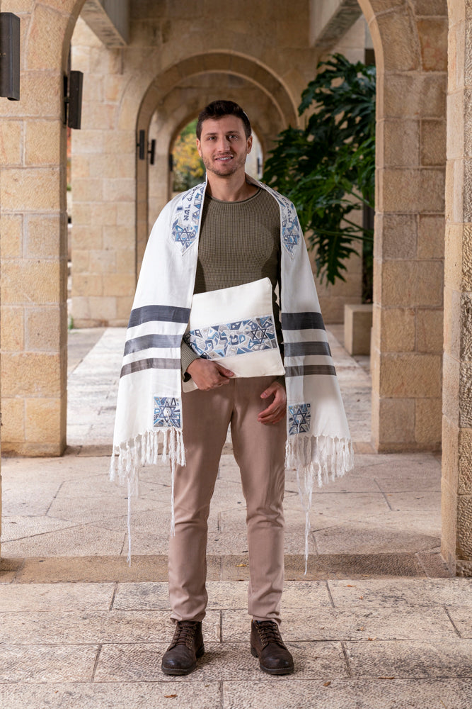 Embroidered Silk Tallit Set - Geometric Magen David - Gray